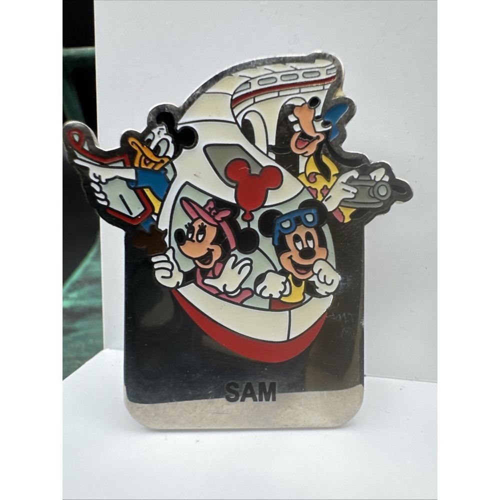 Walt Disney World Monorail Mickey Minnie Donald Goofy VTG Name Tag "Sam "  Pin